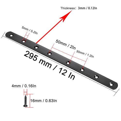 12" Flat Mending Plate 4Pcs Flat Straight Braces Stainless Steel Straight Brackets, Repair Fixing Bracket Connector, Mending Joining Plates with Screws, Black