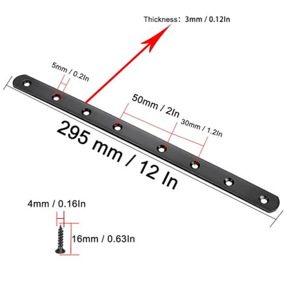 12" Flat Mending Plate 4Pcs Flat Straight Braces Stainless Steel Straight Brackets, Repair Fixing Bracket Connector, Mending Joining Plates with Screws, Black