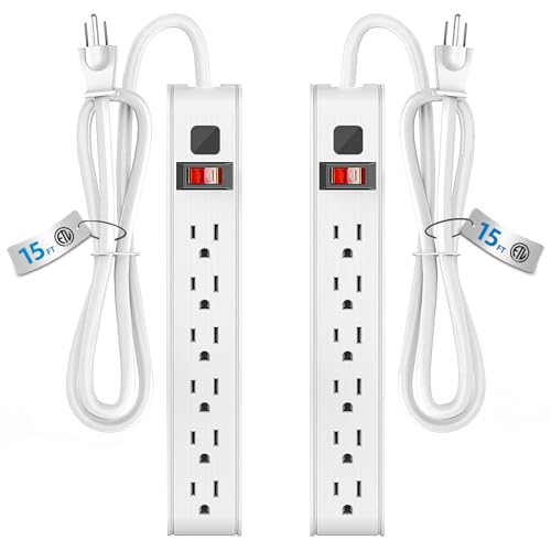 TiFFCOFiO Surge Protector Power Strip, 15 Feet Extension Cord, 600 Joules Surge Protection, Multiple Protection 6 Outlet Strip, 14 AWG Cord, 15A/1875W, ETL Listed (2 Packs, 15 FT) - size: 15 FT, style: 2 PACKS
