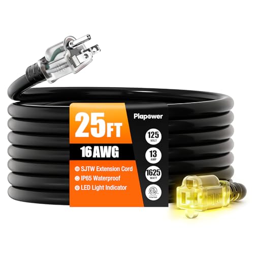 25 FT Outdoor Extension Cord Waterproof, 16/3 Gauge Heavy Duty 3 Prong Power Cord with Lighted Indicator End, 13A 125V 1625W SJTW, ETL Listed, Great for Lawn/Garden/Home(Black) - color: Black, size: 25 FT