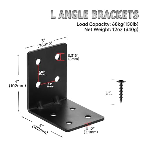 4 PCS Heavy Duty Steel Corner Brackets, 4"x4"x3" 90 Degree L Right Angle Bracket, DIY L Shelf Brackets, Metal Joint Timber Connector Support for Wood Shelves, Furniture - size: 4x4x3- 4pcs