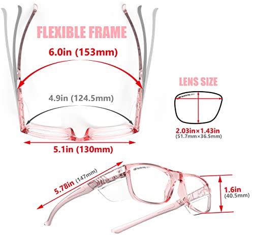 HTS HUNTERSKY TR90NZZ Safety Glasses with Side Shield Small Size Women Men ANSI Z87 Anti Fog Scratch Resistant Lab Pickleball - color: Pink/Clear