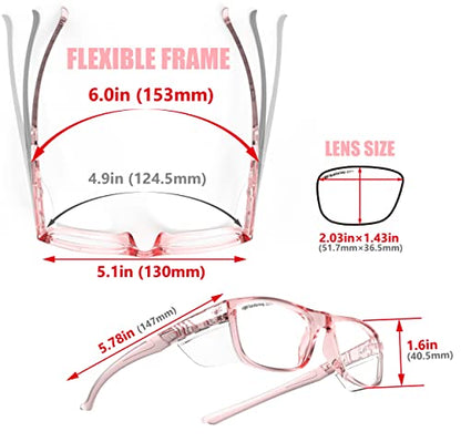 HTS HUNTERSKY TR90NZZ Safety Glasses with Side Shield Small Size Women Men ANSI Z87 Anti Fog Scratch Resistant Lab Pickleball - color: Pink/Clear