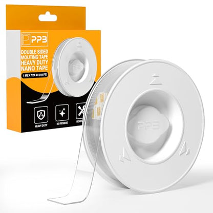 PPB Double Sided Mounting Tape, Clear Heavy Duty Nano Adhesive Tape with Protective Case, Removable Reusable Wall Tape for Home, Office, Car, Glass, Tile, Smooth Surfaces, 1 in x 10FT - size: 10FT