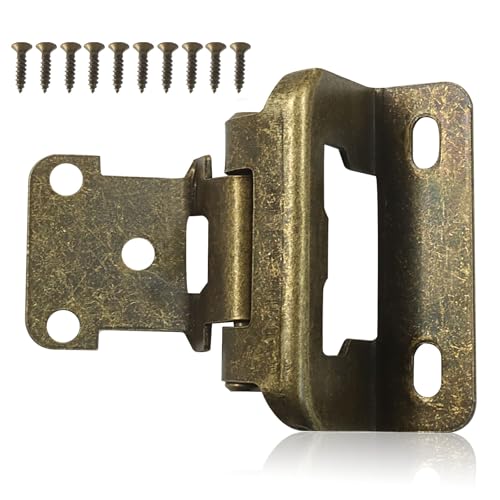4 Pack (2 Pair) Antique Brass 1/2" Overlay Cabinet Hinges, Partial Wrap Self Closing Kitchen Cabinet Hinges Semi Hidden Cupboard Hinges with Screws - color: Antique Brass