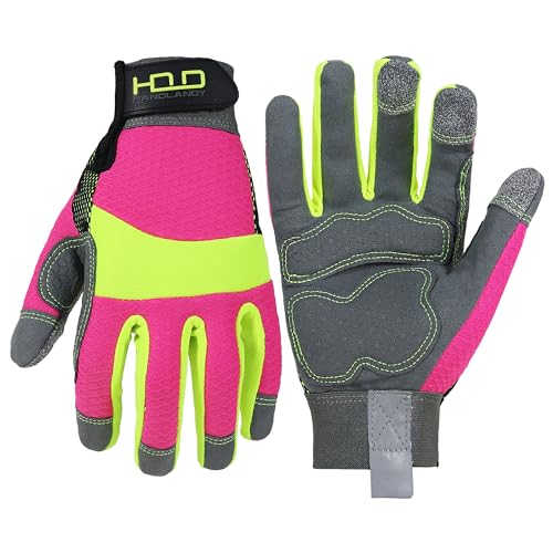 HANDLANDY Hi-vis Reflective Work Gloves, Anti Vibration Safety Gloves, Touch Screen, Orange Flexible Spandex Back - color: Yellow Pink, size: Small