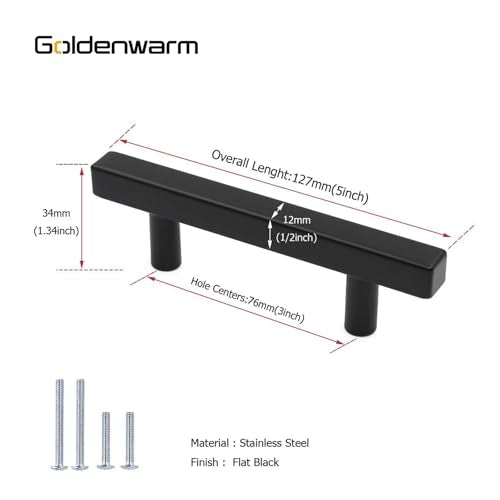 Goldenwarm 25 Pack Black Cabinet Handles 3"(76mm) Matte Black Cabinet Pulls T Bar Drawer Pulls for Kitchen Cupboard & Drawer Hardware - color: Black, size: 3 Inch Hole Center