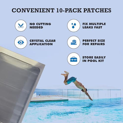 Burro Adhesives 10-Pack Waterproof Clear Pool Tape Patches - Professional Grade PVC Repair Kit with 2.75" x 4" Heavy Duty Patches for Commercial & Residential Vinyl Pools, Works Underwater & Dry - color: Clear