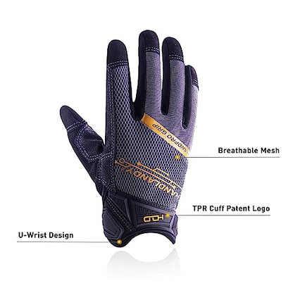 HANDLANDY Mens Work Gloves Touch screen, Utility Mechanic Gloves, Flexible Breathable Fit- Padded Knuckles & Palm - color: Grey, size: X-Large