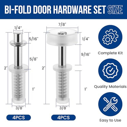 8 Pcs 3/8" Bi-Fold Door Top Roller Hardware Set, Bifold Closet Spring Loaded Top Pivots and Guide Wheels Repair Kit for Closet, Folding, Shower, Pocket & Accordion Doors
