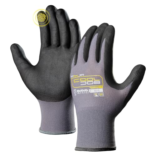 COOLJOB 12 Pairs Safety Work Gloves Microfoam Nitrile Rubber Coated, Seamless Knit Nylon Gloves with Full Fingers Touchscreen, Grip Nitrile Dipped, Ideal for Warehouse, Home Improvement, Grey Large - size: Large, style: 12 Pairs
