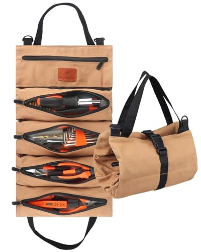 Tool Roll Organizer, Wrench Roll Up Pouch Bag with 5 Zipper Pockets Canvas Tool Roll, 16 OZ Canvas Wrench Tool Organizer for Electrician (Khaki) - color: Khaki, size: 5 Zipper Pockets