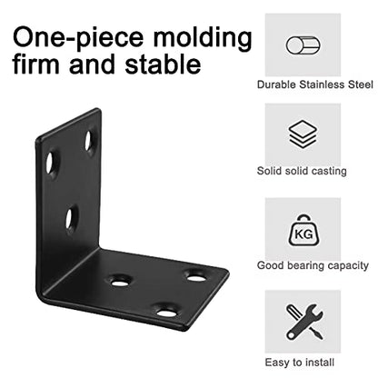 20PCS Corner Brace 2 X 2 Inch Stainless Steel L Bracket Heavy Duty Black Large Corner Bracket Joint Right Angle Brackets 90 Degree Corner Fastener for Wood Furniture Cabinet Drawer Bed Chair - size: 2"x2"