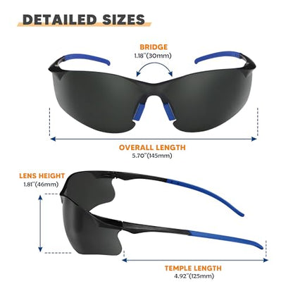 Safety Glasses Tinted 12 Pack, Protective Eyewear for Men Women UV Protection ANSI Z87.1, Safety Sunglasses Bulk Scratch Impact Resistant Eye Protection with Nose Pads for Construction Work Smoke - color: Smoke Lens/Blue Temples, style: 12 Pack
