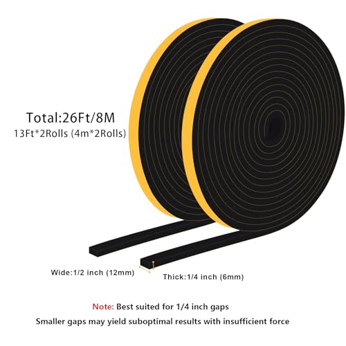 Weather Stripping Door Seal Strip, Strong Adhesive, Lightproof, Noise-Reduction, Weatherproof Foam Tape Insulation for Sliding Door,Front Door Frame, Windows,Cut Energy Bills,1/2" x 1/4" Black - size: 1/2 in X 1/4 in X 26ft
