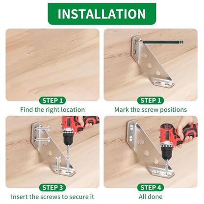 Heavy Duty Stainless Steel Furniture Corner Connectors - Triangle Bracket with Drill and Screws, Universal for Wood Furniture, Drawers, Cabinets, Tables, and Chairs