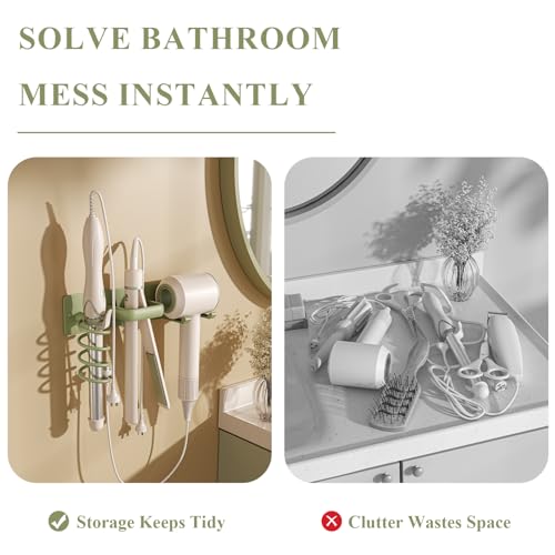 BSICPRO Hair Dryer Holder-3 in 1 Blow Dryer Holder-Metal Bathroom Hair Tool Organizer Wall Mounted-Bathroom Organizer for Hairdryer Curling Iron Flat Iron (Sage) - color: Sage Green