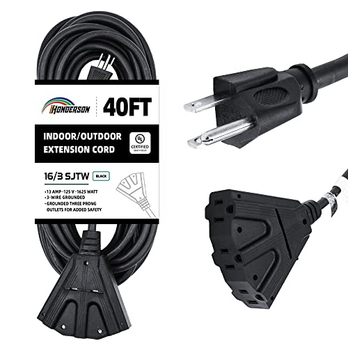 3-Outlets Indoor Outdoor Extension Cord Weatherproof, UL Certified, 16 Gauge 40FT Black 3 Prong Heavy Duty, 16/3 SJTW 13A Power Cord - color: Black, size: 40FT