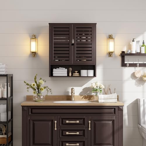 SMIBUY Bathroom Cabinet Wall Mounted, Bamboo Over-The-Toilet Storage Organizer, Space Saver Medicine Cabinet with 2 Door and Adjustable Shelves (Dark Brown) - color: Brown