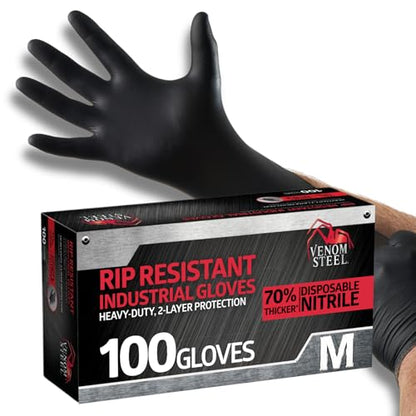 Venom Steel Industrial Nitrile Gloves, Chemical Resistant Disposable Black Gloves, Latex-Free, Powder-Free, Textured Grip, Heavy Duty Two-Layer Protection, 6 mil,Medium, 100 Count - size: Medium (Pack of 100)