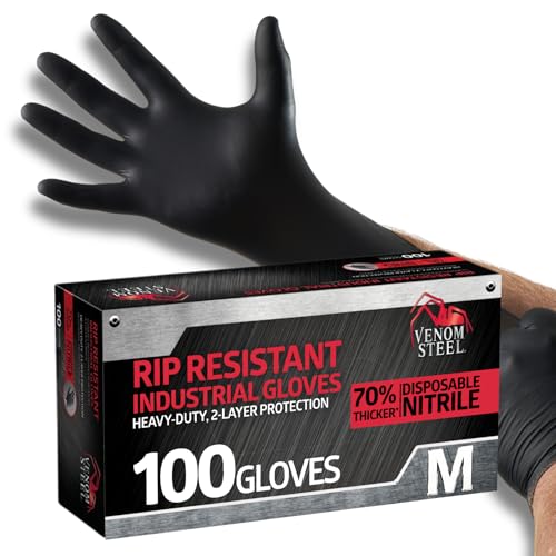 Venom Steel Industrial Nitrile Gloves, Chemical Resistant Disposable Black Gloves, Latex-Free, Powder-Free, Textured Grip, Heavy Duty Two-Layer Protection, 6 mil,Medium, 100 Count - size: Medium (Pack of 100)