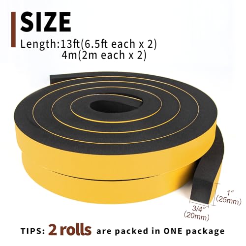 Yotache High Density Adhesive Foam Tape 2 Rolls 1" Wide X 3/4" Thick, Weather Stripping Gasket Seal, Shockproof, Furniture Protective, 13 Ft Length (2 x 6.5Ft Each) - size: 1"x3/4"x13 Ft