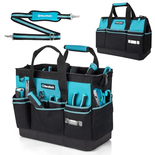 DURATECH 16-Inch Heavy Duty Tool Bag with Waterproof Hard Bottom, Tool Bag Organizer Wide Open Mouth with 18 Pockets, Portable Toolbag for Men Mechanic Electrician Plumber HVAC - size: 16 Inch