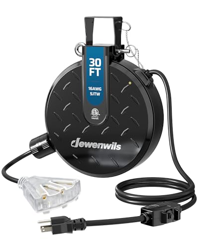 DEWENWILS 30FT Retractable Extension Cord Reel, Ceiling/Wall Mount 16/3 SJTW Power Cord with 3 Lighted Triple Outlets for Garage Shop, 10 Amp Circuit Breaker, Metal Plate, ETL Listed, Black - color: Black