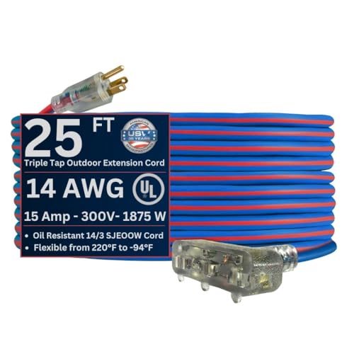 US Wire and Cable 14/3 Gauge x 25-Foot Extreme Cold Weather Triple Tap Extension Cord – Heavy-Duty, 221°F to - 94°F Rating, Lighted Plug, SJEOOW, Weather-Resistant, Ideal for Outdoor Use - size: 25 ft, style: 14 AWG