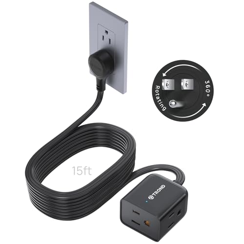 TROND 360° Rotating Flat Plug Extension Cord 15ft, Low Profile Small Power Strip, 3 Side Grounded Outlet, 13A, SPT 16/3 Gauge Cable for Indoor Home Office Kitchen Cruise Travel Essentials, Black - color: Black, size: 15 ft, style: No Surge Protection