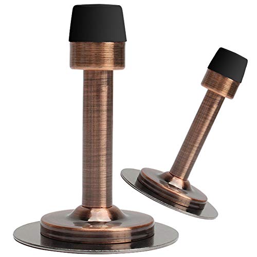 LemonHo No Drills or Screw in Wall Mounted Door Stopper with Self Adhesive Tape, Stainless Steel Doorstop with Rubber Bumper Tip Wall Guard Pack of 2 Commercial Door Stops, 3 Inches Height, Red Bronze