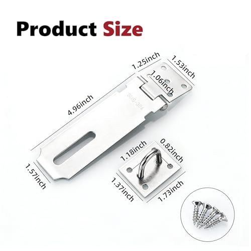Door Hasp Latch Lock, 5 Inch 304 Stainless Steel Safety Packlock Clasp, Brushed Finish, Extra Thick Hinge Lock with Screws for Gates,Doors,Cabinets, Closets