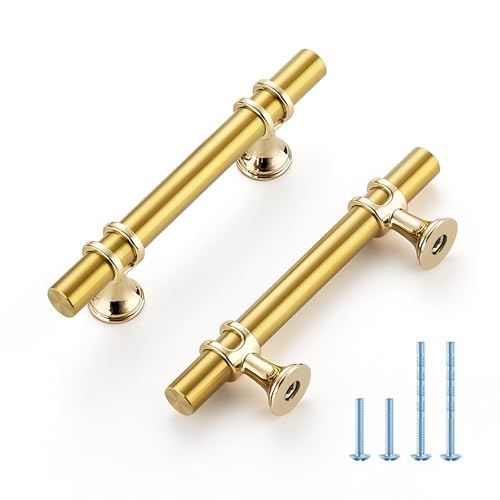 HOME EDIT Brushed Brass Cabinet Handles, 3 Inch Hole Center Modern T-Bar Drawer Pulls, Decorative Hardware for Cabinets, Dressers, and Drawers, 10 Pack - color: Brushed Brass, size: 3 Inch Hole Center