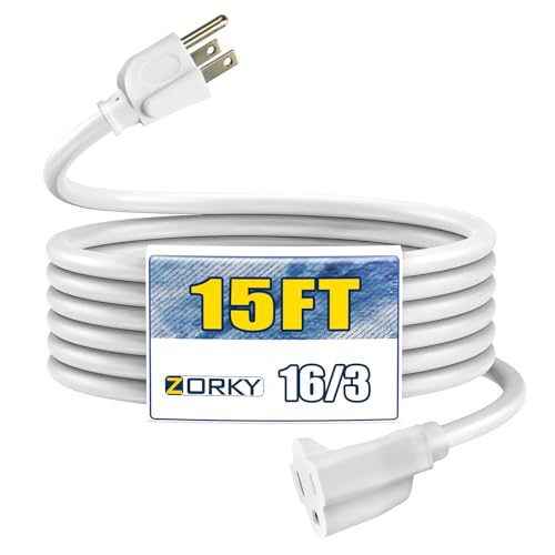 15ft Outdoor Extension Cord - 16/3 Heavy Duty SJTW Waterproof White Electrical Cable with 3 Prong Grounded Plug for Safety, Great for Lawn and Major Appliances - color: White, size: 15ft