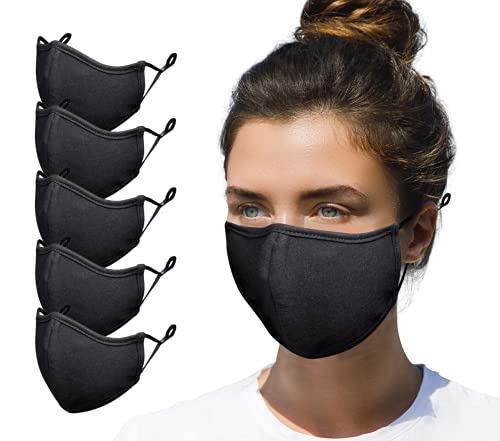 Simlu 5 Pack Premium Fabric Face Mask Reusable with Adjustable Elastic, 2 Layer,Cotton, Breathable, Nose Wire Black Cloth face Mask Washable (OS Fits All, 5 Pack) - color: 5 Pack