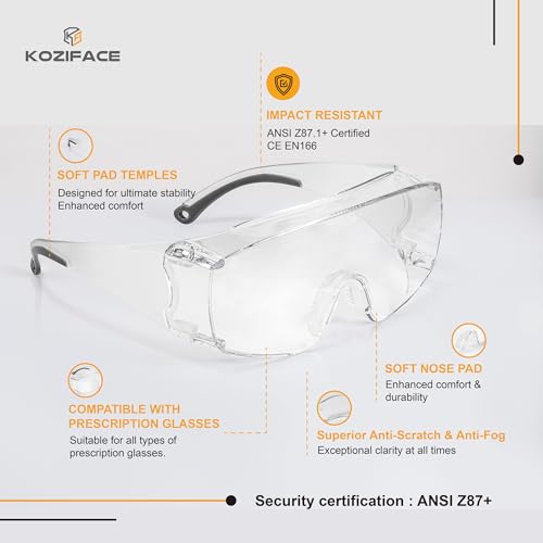 Koziface Safety Glasses for Men and Women White Blue Pink Over Eye Glasses Prescription Anti Fog Clear Lens Side Shields C31 - color: White