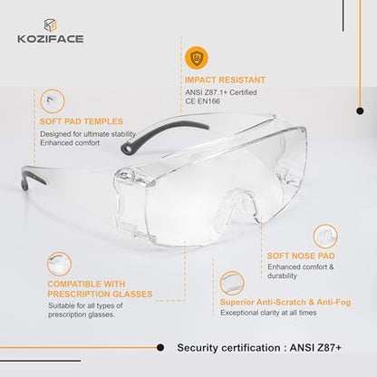 Koziface Safety Glasses for Men and Women White Blue Pink Over Eye Glasses Prescription Anti Fog Clear Lens Side Shields C31 - color: White