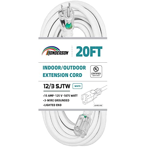 Indoor Outdoor Extension Cord Weatherproof with Lighted End, UL Certified, 12 Gauge 20FT White 3 Prong Heavy Duty, 12/3 SJTW 15A Power Cord for Outdoor Lights, Lawn - size: 20FT, style: 12/3