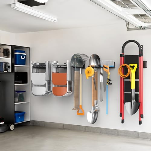 WALMANN Wall Mounted Garden Tool Organizer for Garage, Heavy Duty Folding Chair Storage Rack, 11-Inch Tools Storage Hooks for Shovels, Rakes, Ladders, Hold Up to 400 lbs(Tool Rack) - style: Tool Rack