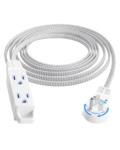 SURAIELEC 10FT 360° Rotating Flat Plug Extension Cord Flat Wall Plug with 3 Outlets, Braided Flat White Extension Cord for Indoor Use, Home, Office, 16/3C SPT, ETL Listed - color: White, size: 10FT