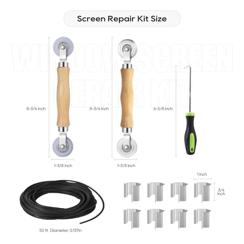 King&Charles Window Screen Door Repair/Replacement Kit, Include Black Screen Mesh 59"x106"+ 2 Roller+50Ft Spline+8Clips+Hook, 6 in 1 Window Mesh Kit, Steel/Nylon Bearing Roller - color: Black, size: 59"×106" Kit