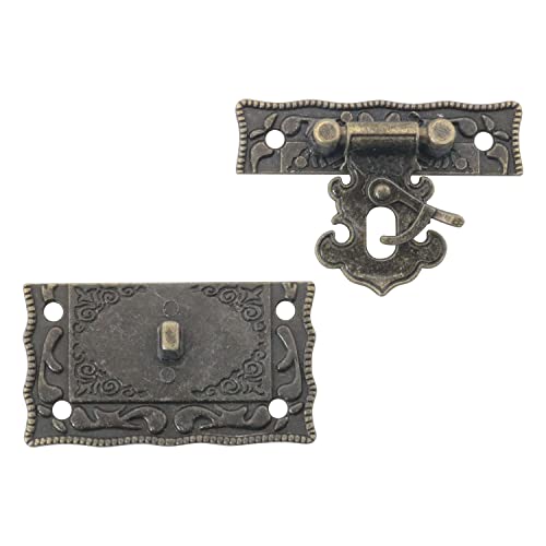 Antique Bronze Furniture Decorative Hardware Rectangle Right Hook Hasp Latch and Engraved Hinge Kit for Jewelry Wooden Box (1 x Hasp + 2 x Hinges + 14 x Screws)