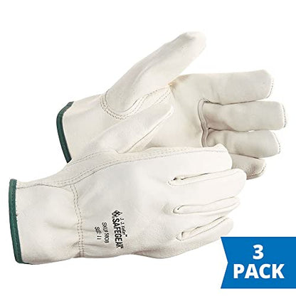 J. J. Keller & Associates, Inc. SAFEGEAR Cowhide Leather Work Gloves with Keystone Thumb - color: White (Pack of 3), size: Medium (Pack of 3)