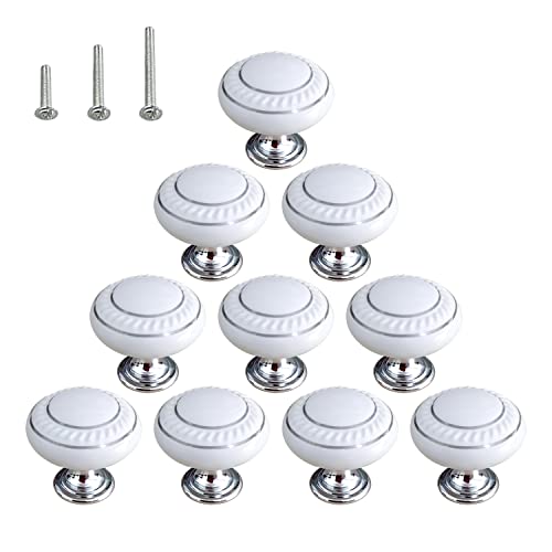 HUAMULAN 10 Pack Ceramic Knob White Silver Dresser Kitchen Round Cabinet Pulls,Zinc Alloy Base Cupboard Wardrobe Drawer Door Handles,3 Size Screws - color: HRJ1043-BaiSilver-10PCS