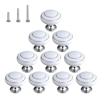 HUAMULAN 10 Pack Ceramic Knob White Silver Dresser Kitchen Round Cabinet Pulls,Zinc Alloy Base Cupboard Wardrobe Drawer Door Handles,3 Size Screws - color: HRJ1043-BaiSilver-10PCS