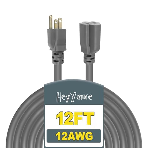 12 Ft Heavy Duty Outdoor Extension Cord Waterproof - 12/3 SJTW 15A 1875W Gray Extension Cable with 3 Prong Grounded Plug, Waterproof Electric Cable for Lawn, Garden, Appliances, UL Listed - color: Grey, size: 12 ft