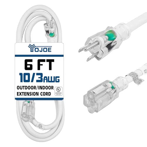 YOJOE Indoor Outdoor Extension Cord with Lighted End, 3 Prong 15A Weatherproof Power Cord, 10 Gauge Heavy Duty 6 ft White Extension Cord for Garage, Garden and Home, 10/3 SJTW UL Listed - color: White, size: 6 Foot
