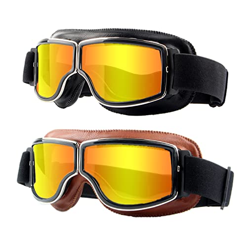 LJDJ Motorcycle Goggles,2 Pack Vintage Anti Fog Pilot PU Leather Glasses Dustproof ATV Off Road Motorbike Helmet Eyewear Protect for Ridding Motorcross Classes Aviator Goggles for Men Women Adult - color: Black+brown/Golden Lens