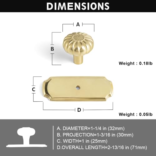 Unlacquered Brass Cabinet Knob with Backplate, Solid Brass Pumpkin Drawer Pull for Kitchen and Vanity, 6 Pack - color: Unlacquered Brass, size: Knob