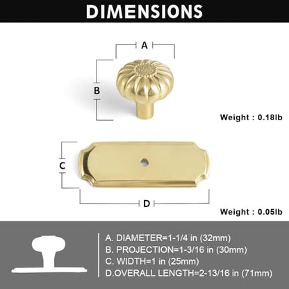 Unlacquered Brass Cabinet Knob with Backplate, Solid Brass Pumpkin Drawer Pull for Kitchen and Vanity, 6 Pack - color: Unlacquered Brass, size: Knob
